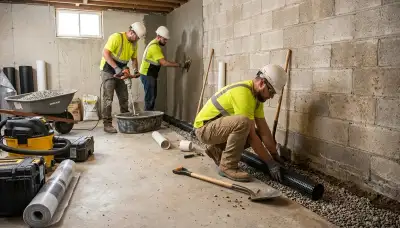 Shreveport, LA basement waterproofing crew repairing water damage in a home basement