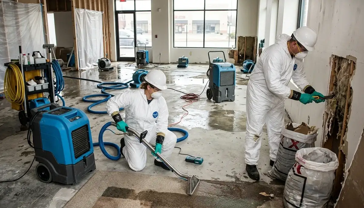 Flood damage cleanup team in Shreveport, LA removing standing water from a home