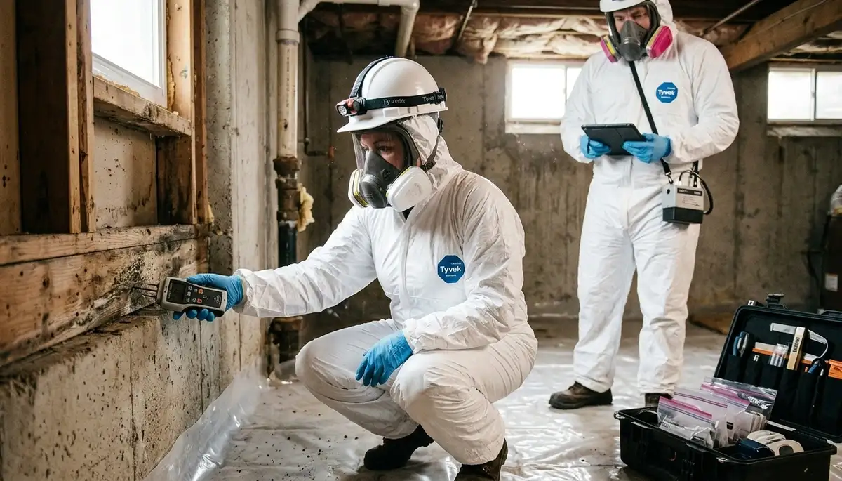 Mold inspection technician assessing water damage in Shreveport, LA home
