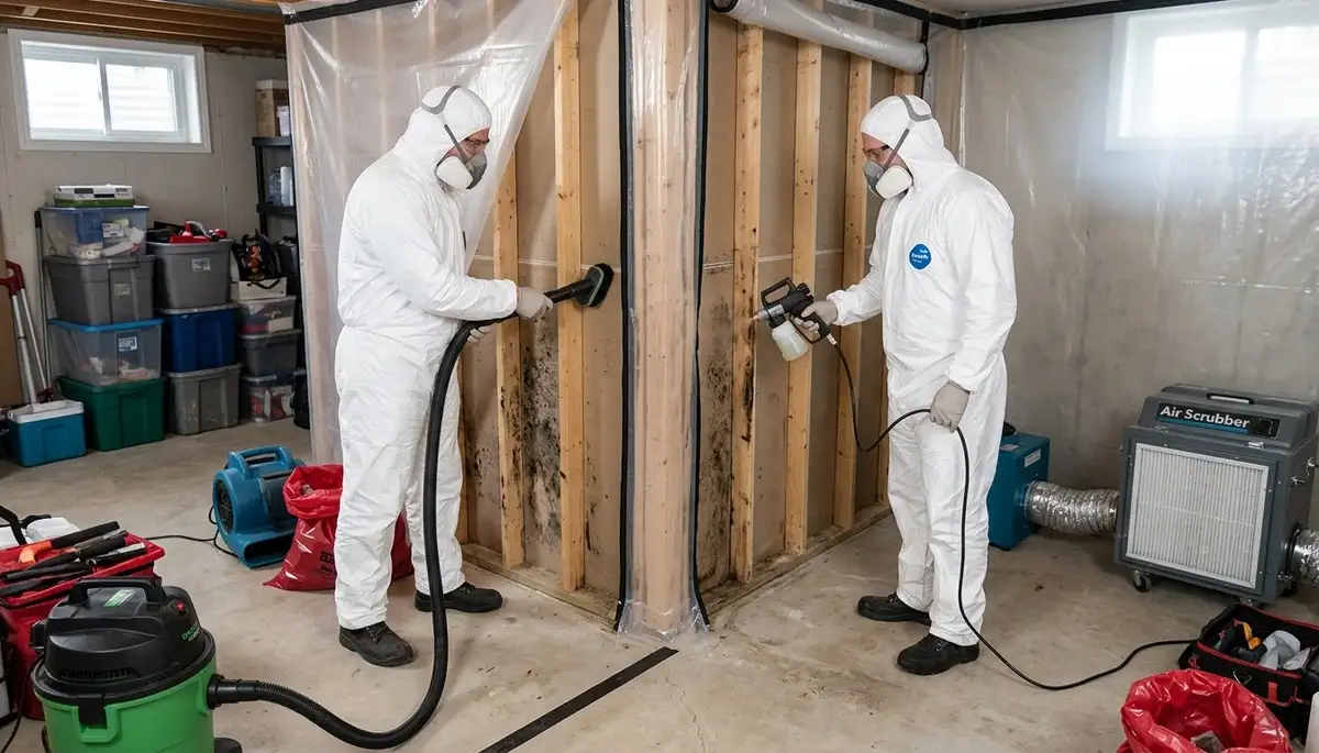 Mold removal technicians inspecting water damage in Shreveport, LA home