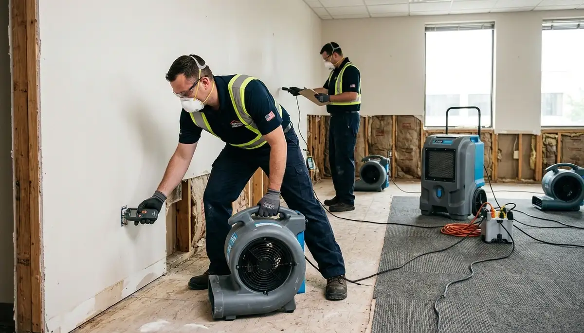 Structural drying team drying a water-damaged home in Shreveport, LA after flooding