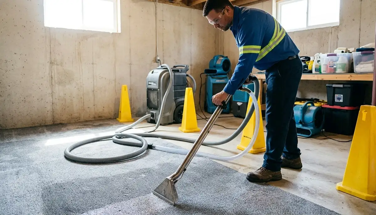 Water extraction technicians removing standing water in Shreveport, LA home after flood damage